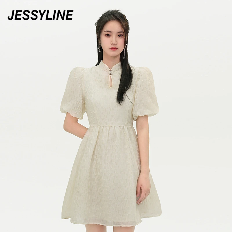 jessyline 夏季 杰茜莱优雅国风气质收腰连衣裙方领小众显瘦