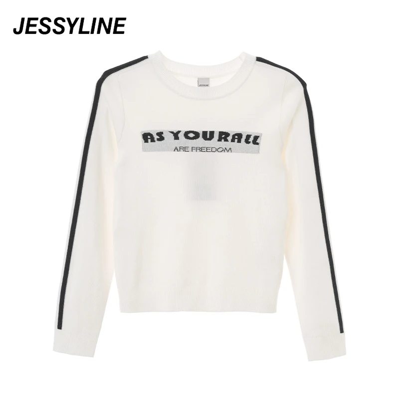 【老板娘夏天】jessyline秋季新款女装 杰茜莱米白色字母针织衫女