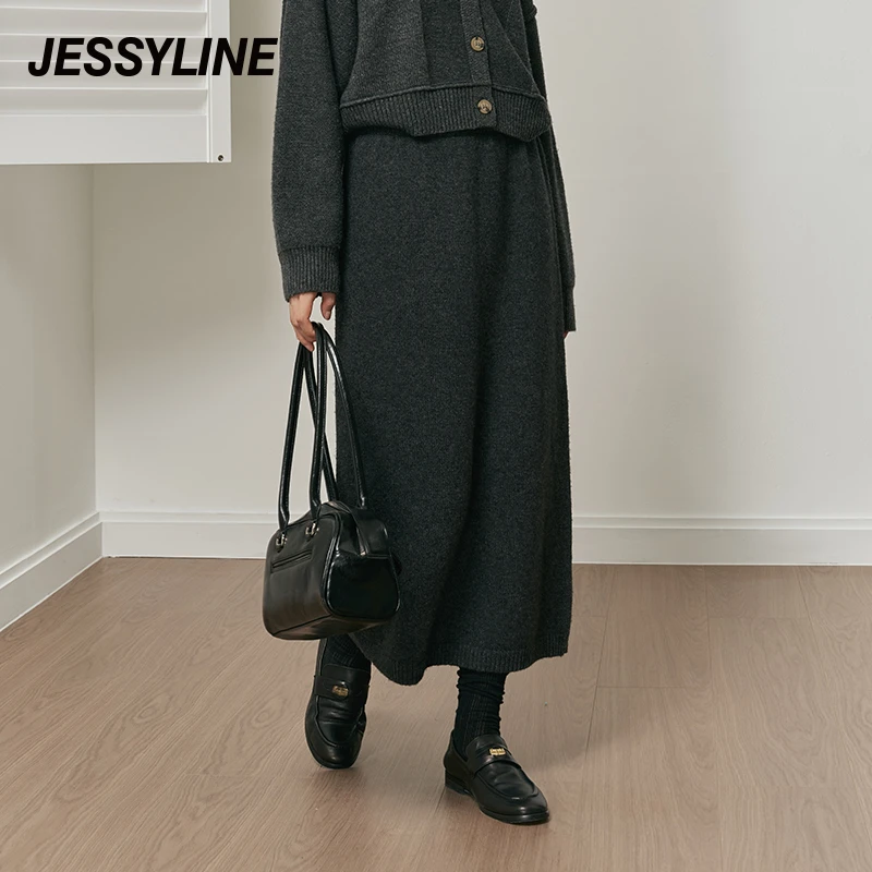 杰茜莱深灰色高腰气质针织半身裙女2024秋新中长款裙子 jessyline