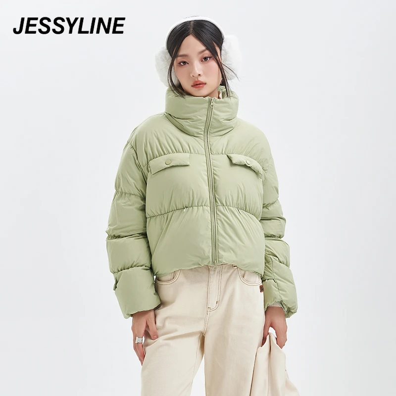 【程钱钱】jessyline冬季新款女装 杰茜莱绿色短款立领羽绒服