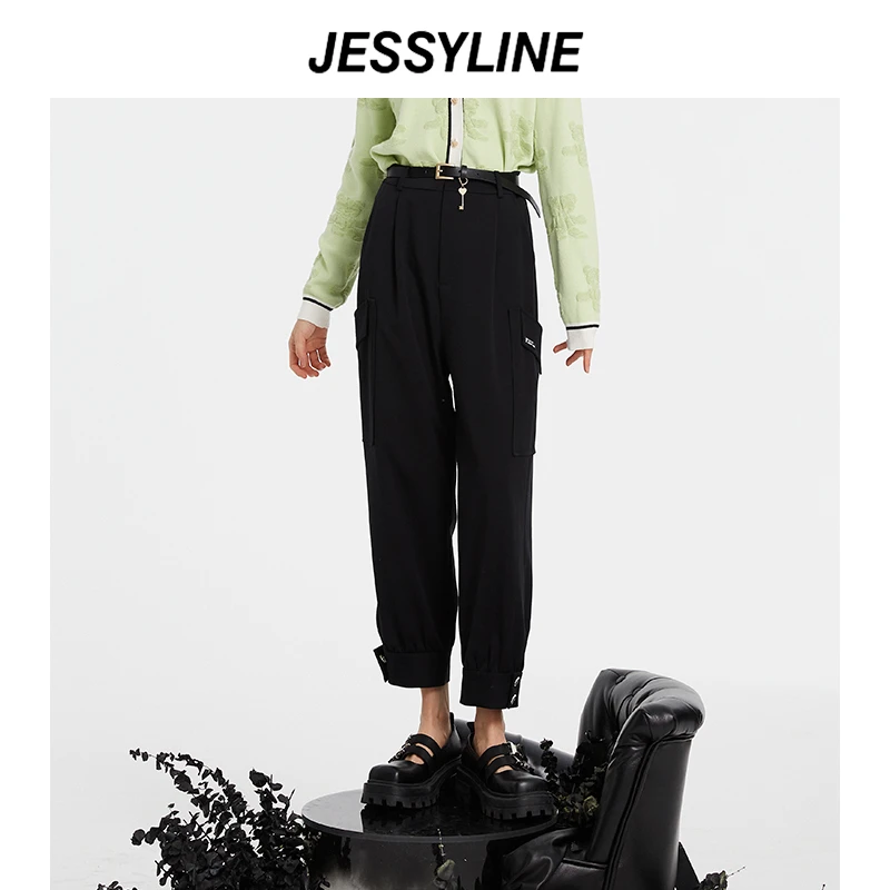 春季新品 jessyline杰茜莱黑色高腰直筒休闲裤长裤宽松户外九分裤