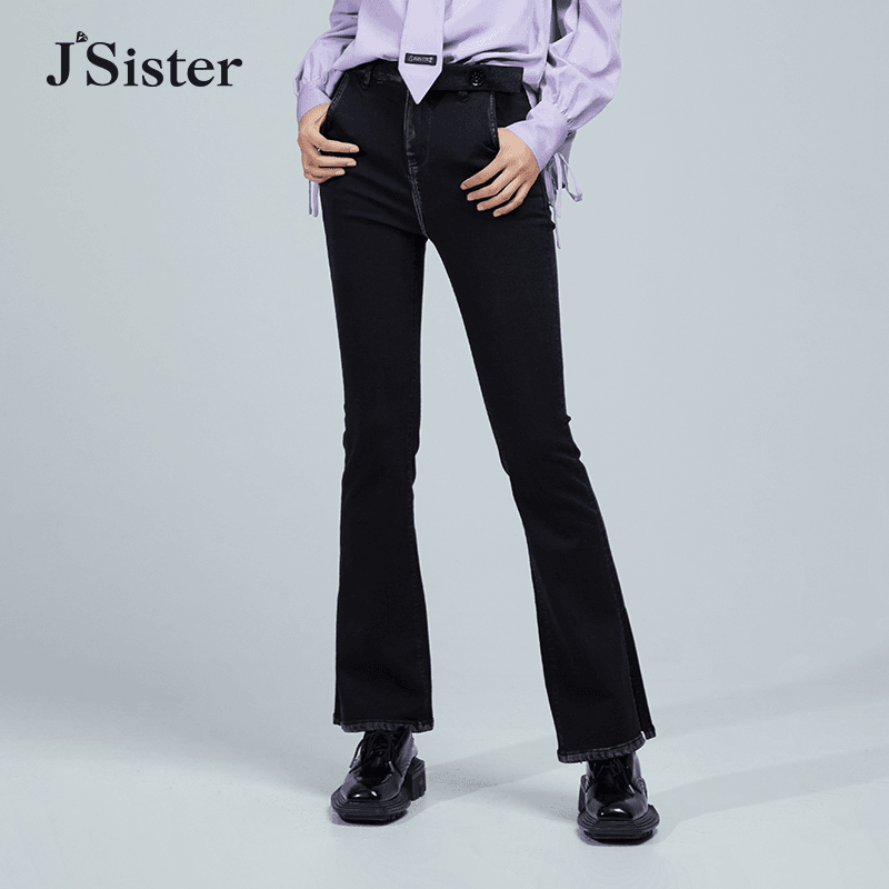 jsister 秋装新款 JS女装时尚黑色显瘦微喇牛仔裤 S233210129外穿