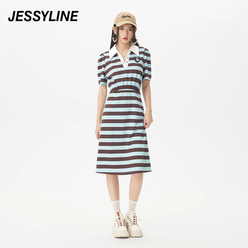 jessyline夏季新款 杰茜莱时尚针织条纹收腰修身显瘦连衣裙