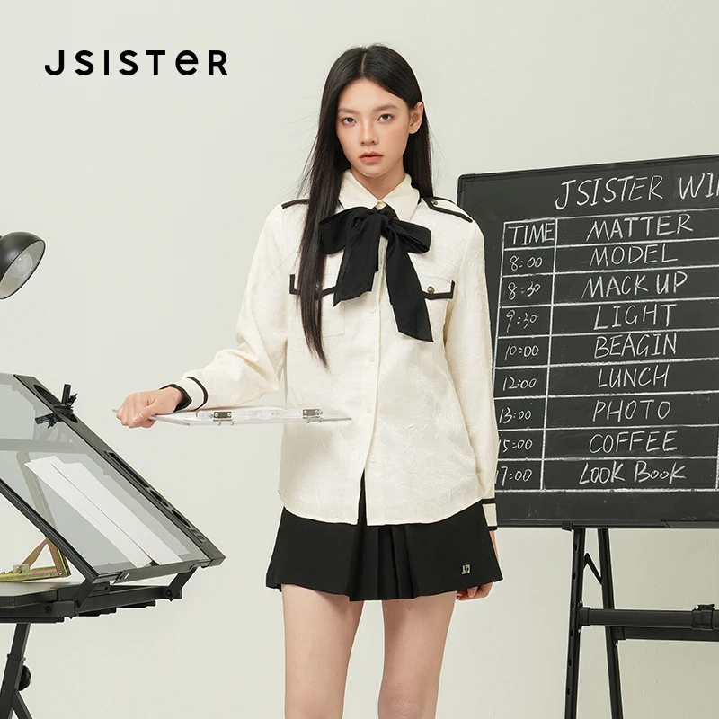 jsister 2024冬装新款 JS女装时尚黑白撞色包边蝴蝶结长袖衬衫 女