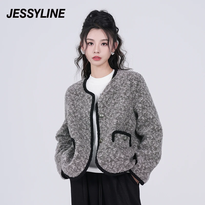 jessyline秋冬新款 杰茜莱灰色小香风短款羊毛呢气质外套