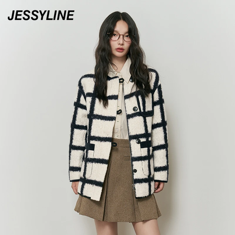 【品牌福利】jessyline2024秋装新款 杰茜莱格子中长款外套女