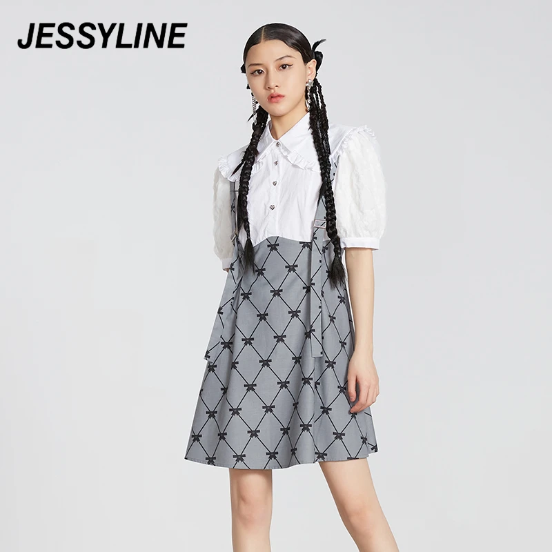 jessyline2022夏季 杰茜莱娃娃领拼接连衣裙女 224211163小众显瘦