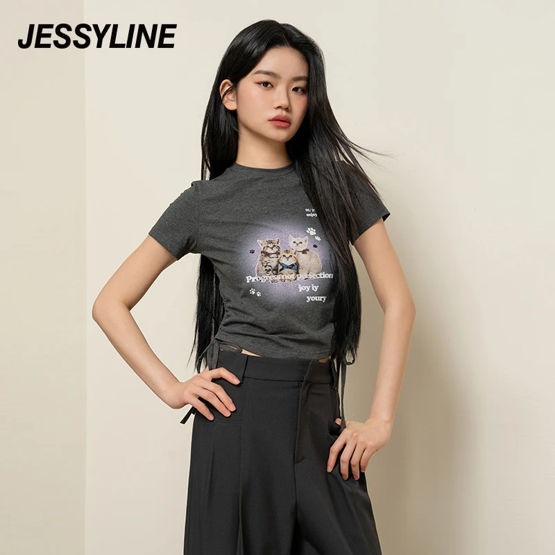 杰茜莱灰色修身甜辣短袖款T恤女春夏新款 jessyline薄荷曼波