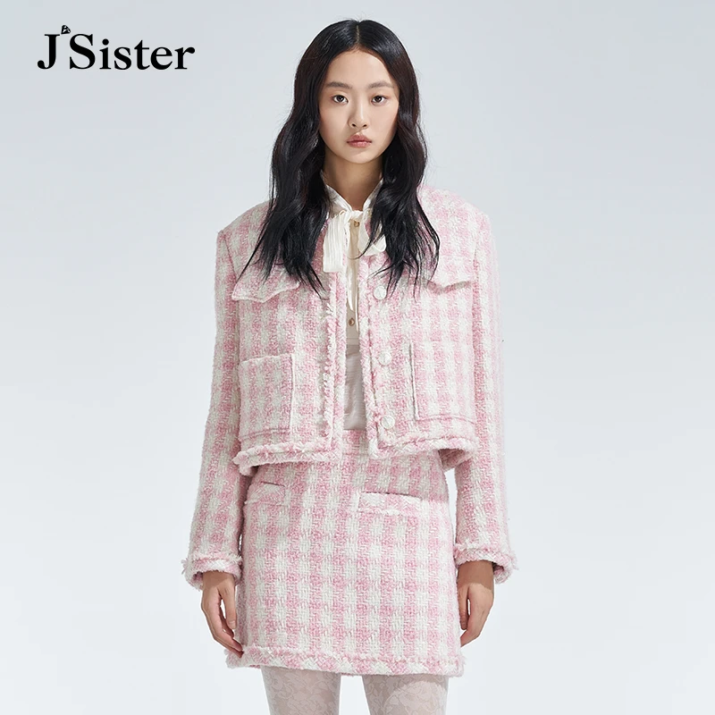 jsister秋冬新款短外套 JS女装时尚休闲粉红流行小香风