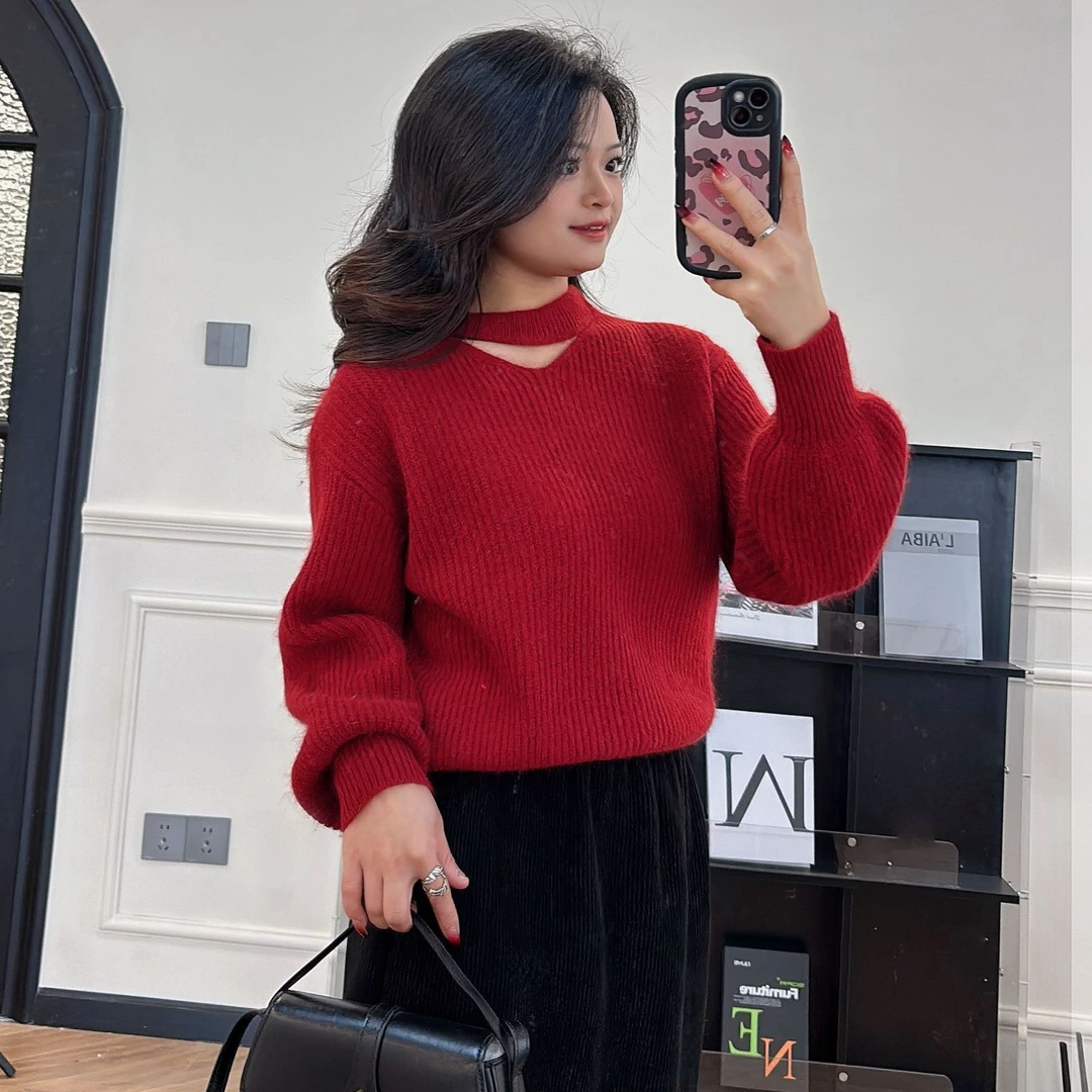 【PGXIAOM】小二定制橘红两色圆领镂空针织毛衣MY9596