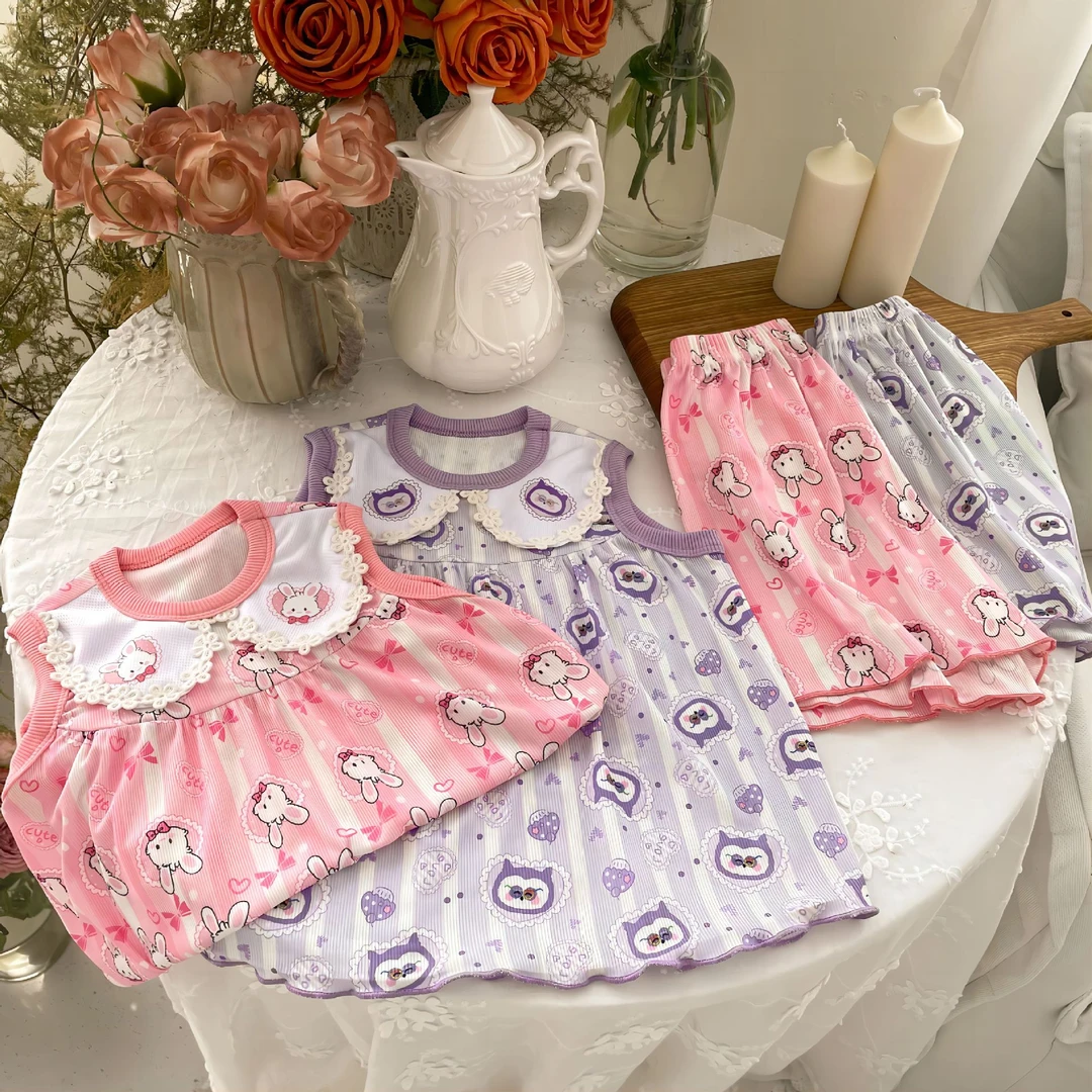 夏季儿童背心短裤套装女童可爱娃娃领卡通家居服宝宝公主风睡衣