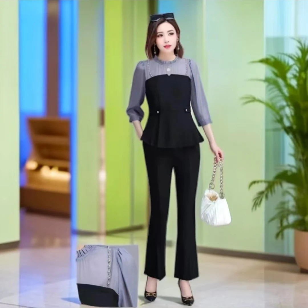 Q272夏季新款套装时尚遮肉显瘦气质女神范洋气拼接阔腿两件套裤