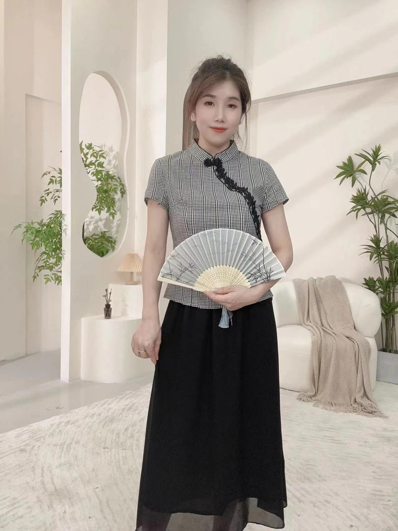 X167两件套日常格子改良民国风文艺中式旗袍套装
