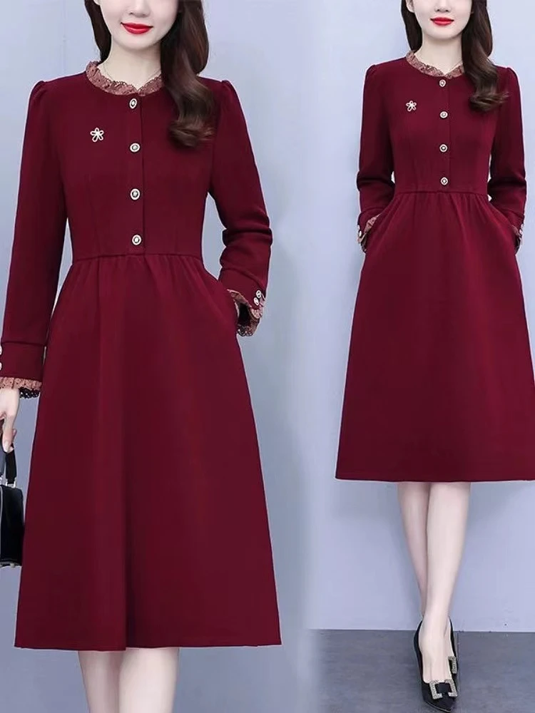 X176【无胸针】加厚秋冬连衣裙新款时尚高档妈妈收腰显瘦加厚洋气