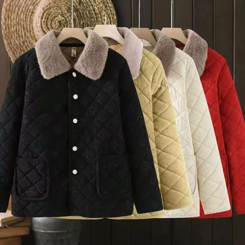 时尚妈妈装棉服外套加绒保暖冬季新款外穿棉衣加厚中老年女士棉袄