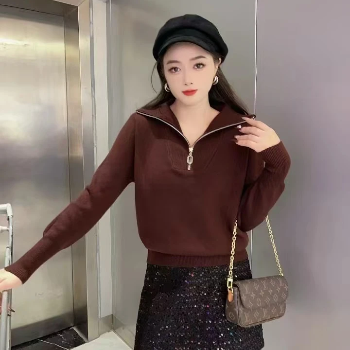 翻领拉链欧式毛针织衫套头连帽高领上衣慵懒风休闲显瘦帽衫2281