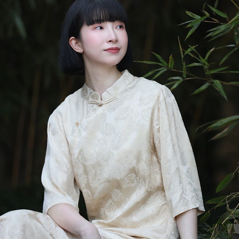 二喜茶服春夏女禅意文艺中式复古国风缎面禅意宽松开叉旗袍连衣裙