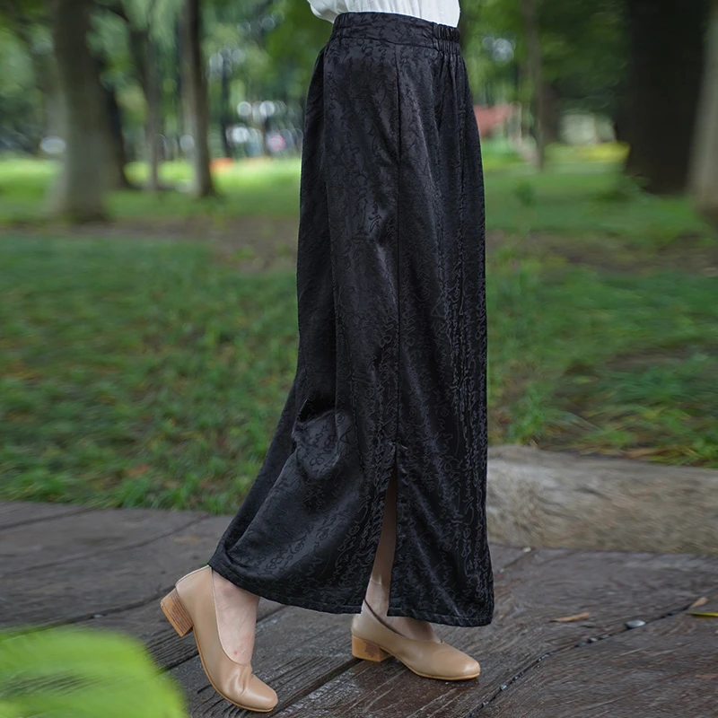 二喜茶服国潮长裙大码中式高腰半身裙女国风中长款显瘦缎面直筒裙