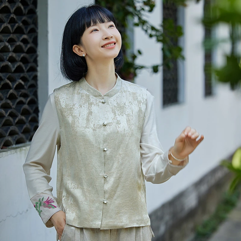 春季时尚复古国风唐装上衣新中式女装提花中国风马甲女款2025新款