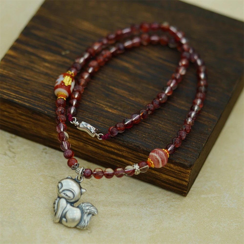 【魅狐】  原创设计款红胶花水晶项链配925银项坠（多样性发一）