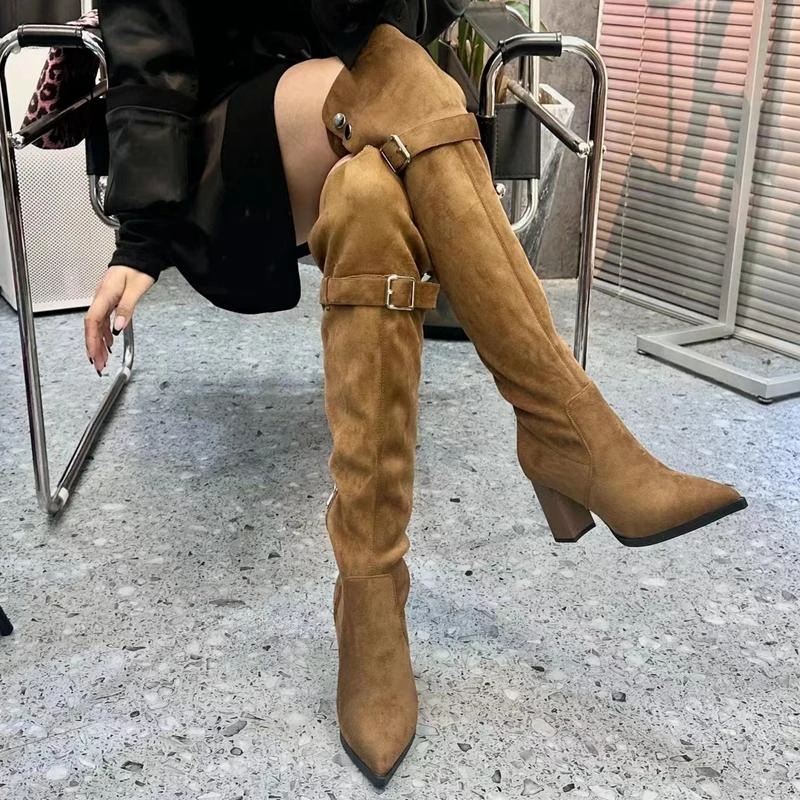 秋冬两穿皱褶堆堆高跟过膝靴女包腿靴时尚皮带扣尖头粗跟高筒长靴