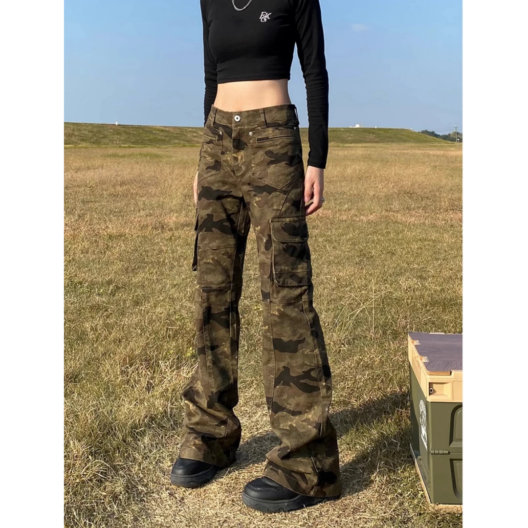 美式微喇工装迷彩牛仔裤男街头百搭潮流显瘦修身设计感休闲裤男女