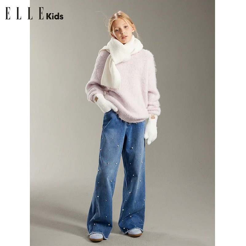 ELLE KIDS 无胶内磨毛牛仔裤女童小个子秋冬季重工珍珠长裤D4