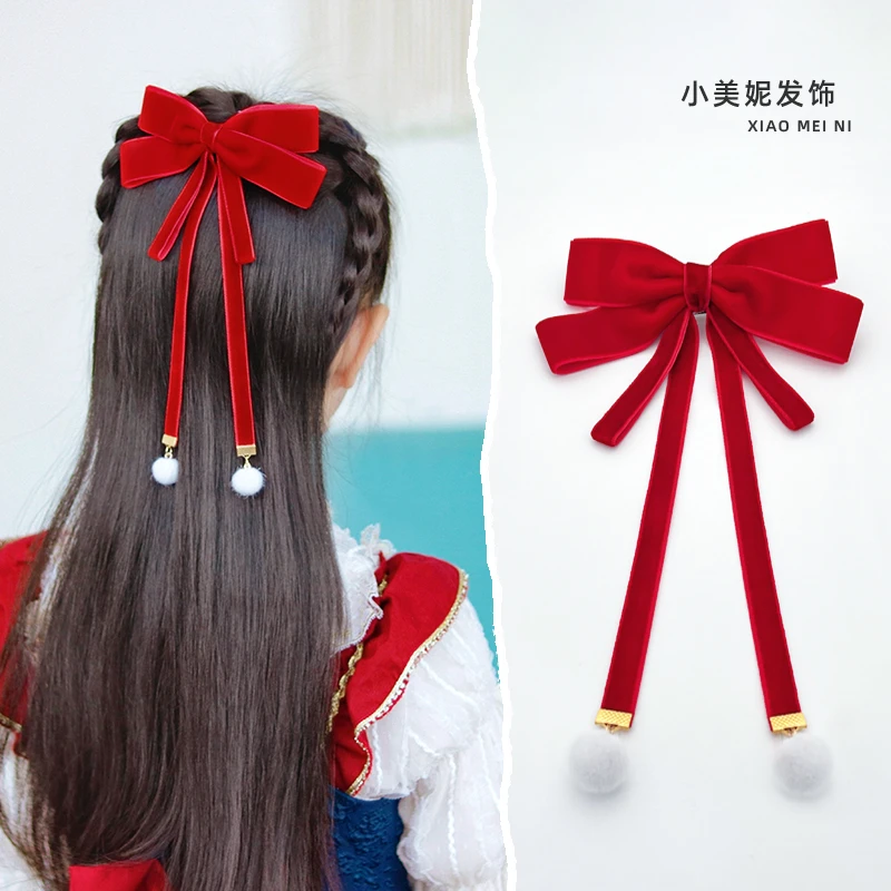 新年发饰红色发夹女孩气质发卡公主超仙气飘带中国风手工发夹头饰