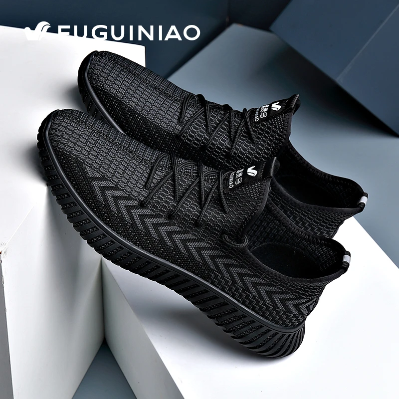 男鞋运动鞋运动休闲夏季透气网面飞织男士百搭黑色软底潮鞋跑步