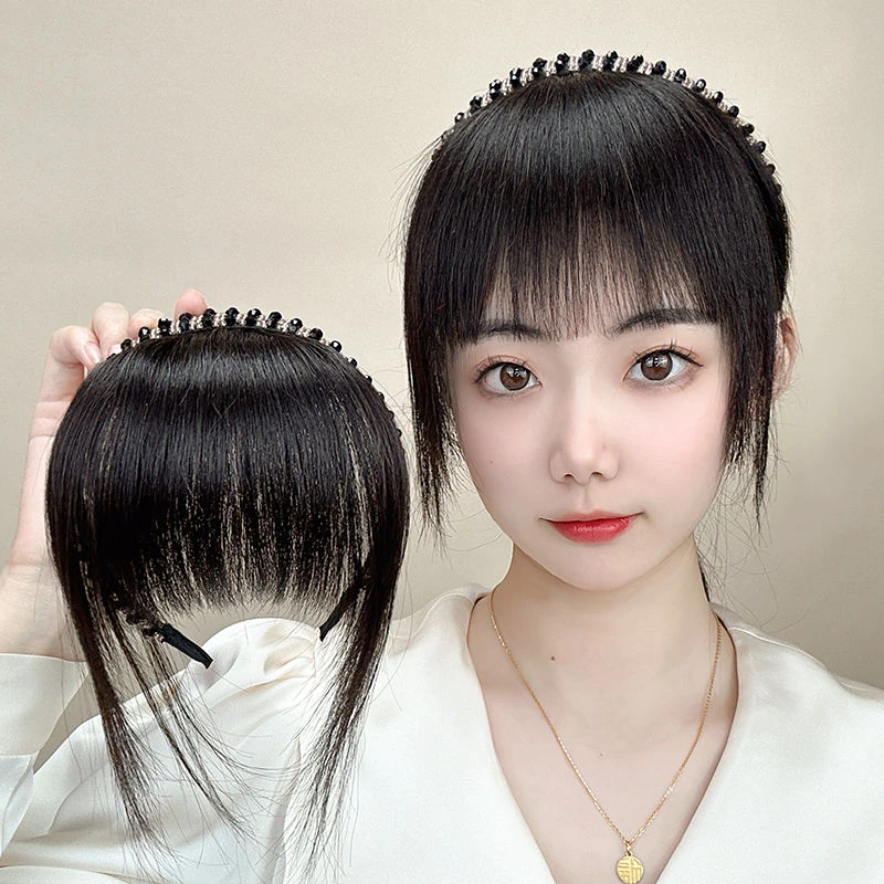 刘海假发女发箍刘海一体真发头帘遮盖白发头顶补发片齐刘海假发片