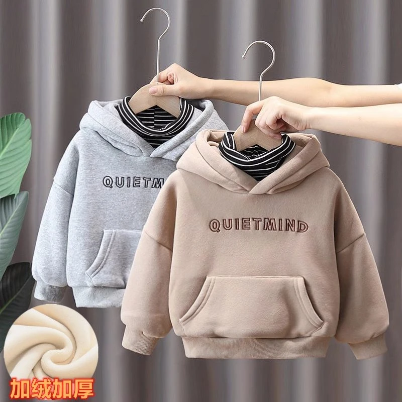 [贝]儿童加绒卫衣秋冬季男女童洋气冬装加厚保暖宝宝休闲上衣连帽