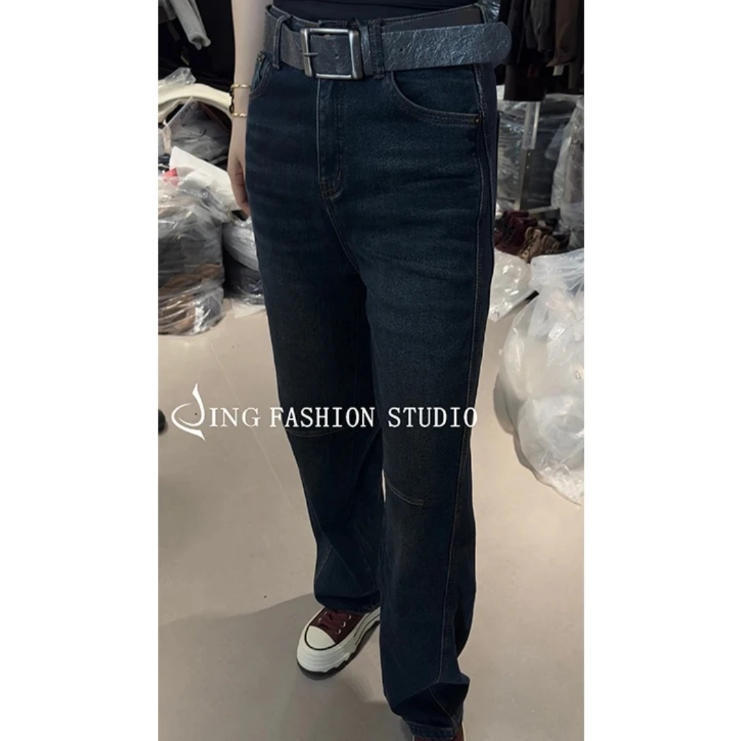 JING2024秋冬新款6720洋气显瘦直筒牛仔裤宽松加绒保暖长裤女裤