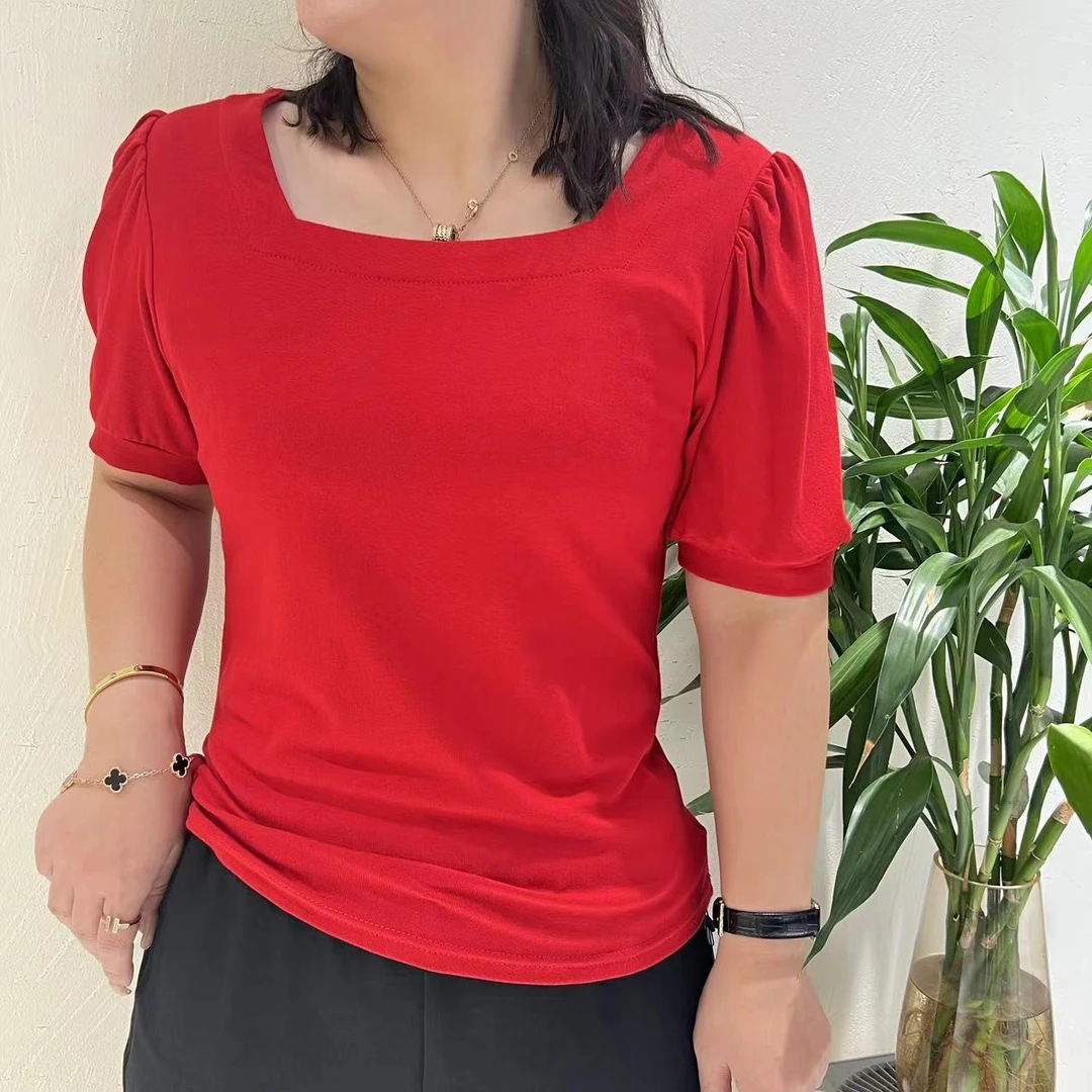 【特价现货】88066夏季修身显瘦短袖女韩版时尚法式方领纯色简约