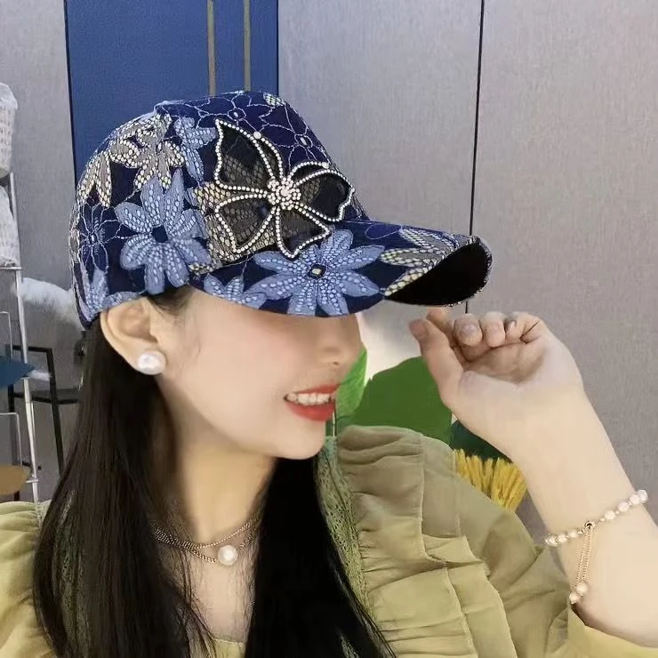 女士蕾丝帽子女透气防晒水钻蝴蝶棒球帽街头时尚百搭潮鸭舌帽休闲