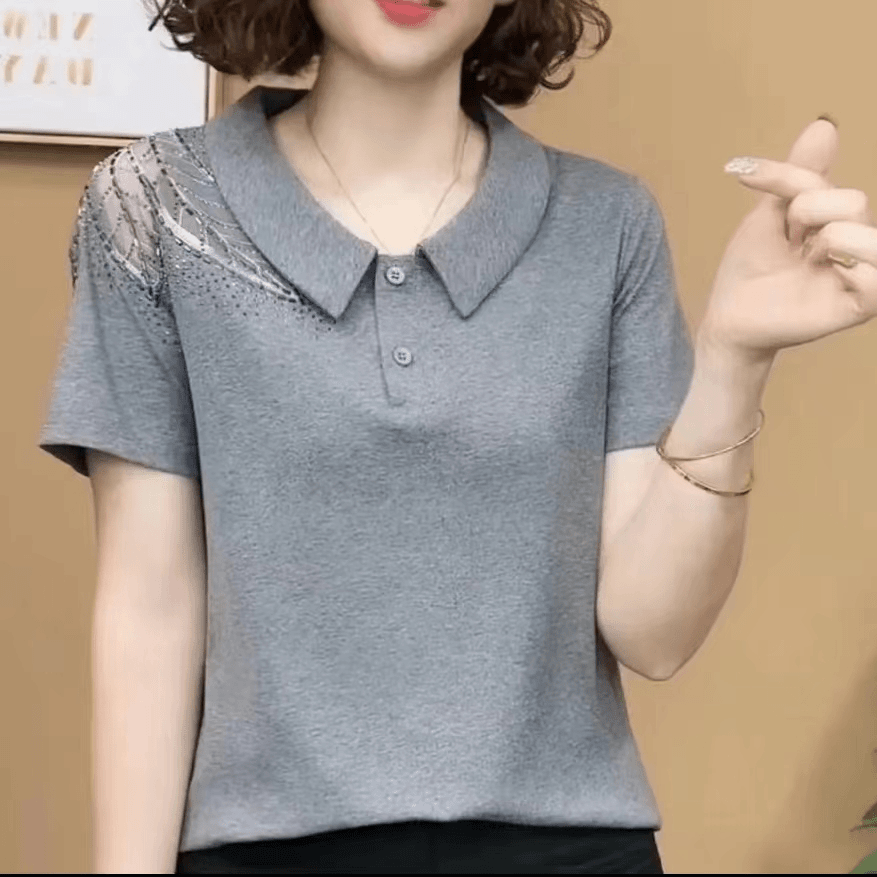 夏季新款时尚洋气百搭娃娃领肩膀镂空短袖T恤女士上衣#719