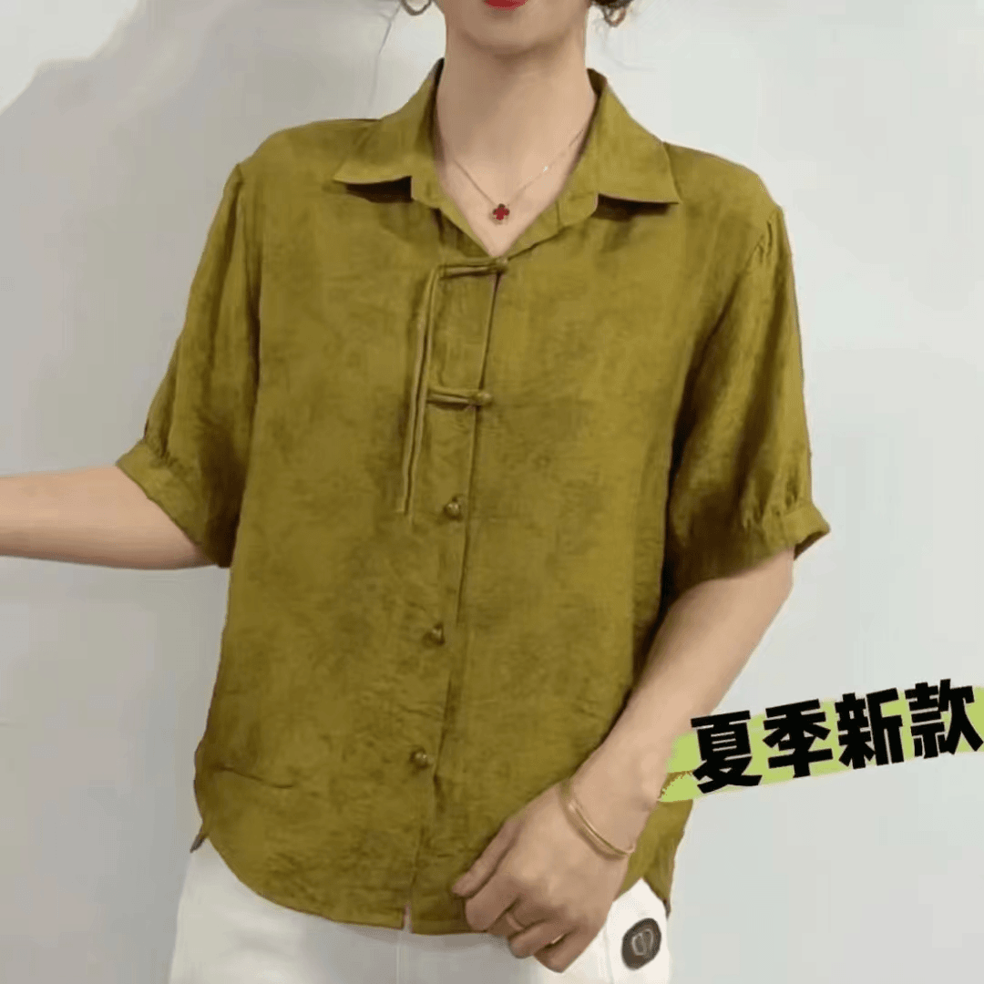 夏季休闲衬衫女洋气翻领设计感提花宽松时尚遮肉显瘦妈妈短袖上衣