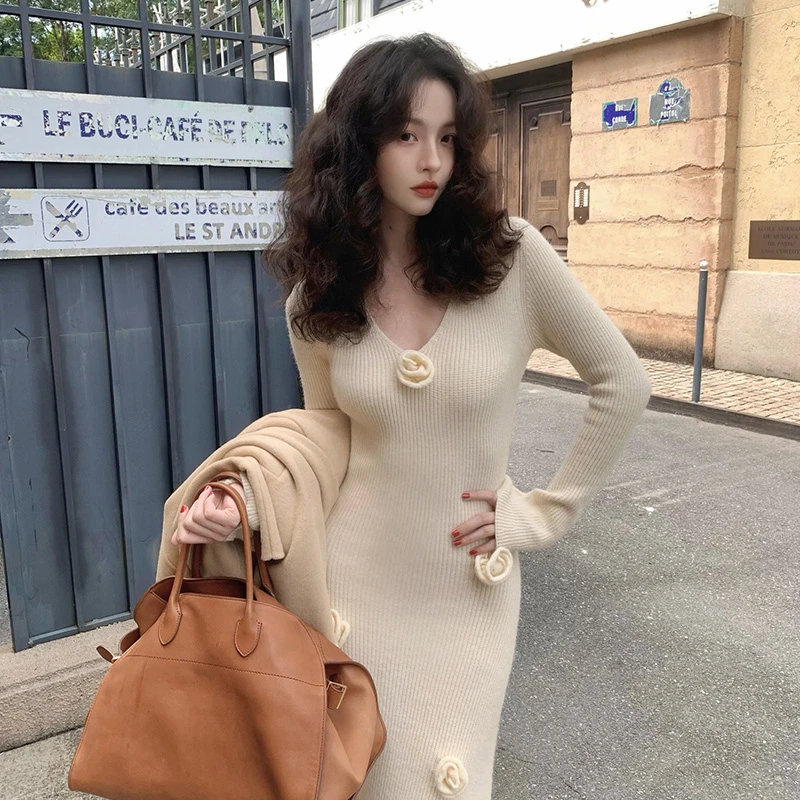 【亚子专属】【曼日花事】港风复古立体花朵设计针织连衣裙KLF3408