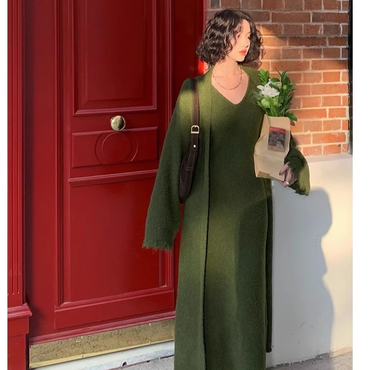 酒午自制 【柔甲】 复古秋冬针织开衫+背心连衣裙套装羊毛KLF3920