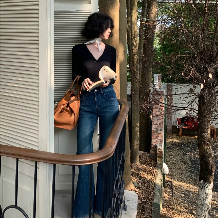 酒午【雪糕专属】港风复古秋冬季显瘦加绒牛仔裤微喇裤KLF3917