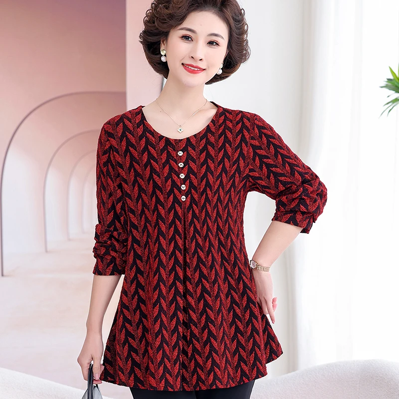 大码女装妈妈装2024春装新款长袖T恤女时尚洋气显瘦中长款春秋衫