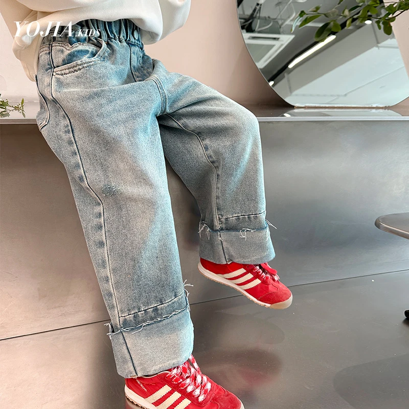 YOJIA女童直筒裤春秋款韩版学生长裤春季裤子儿童牛仔裤Y4CK506