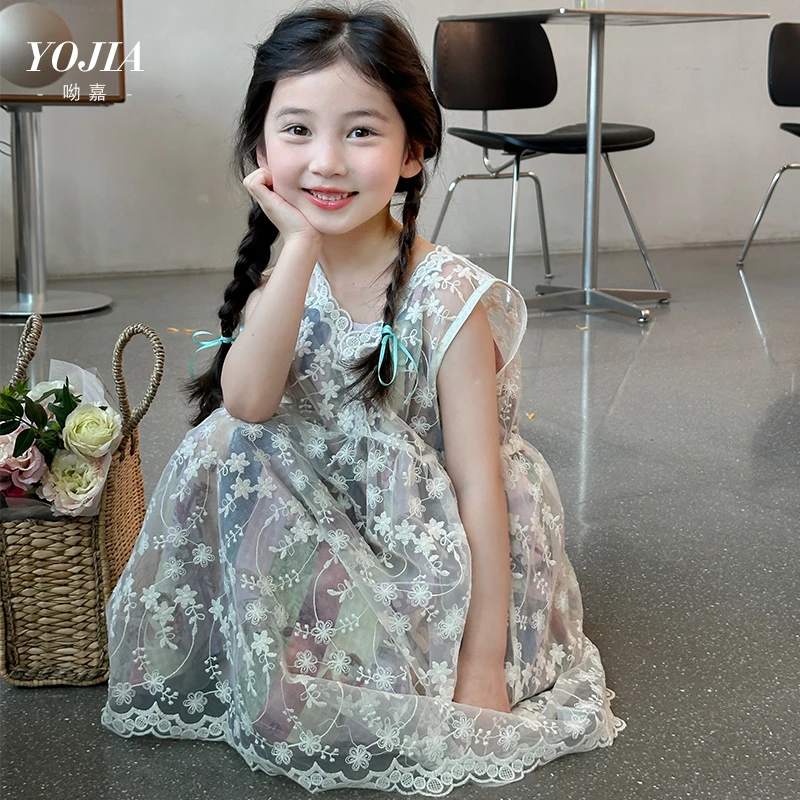 YOJIA女童连衣裙夏装套裙洋气儿童公主裙两件套女孩蕾丝Y4XQ010