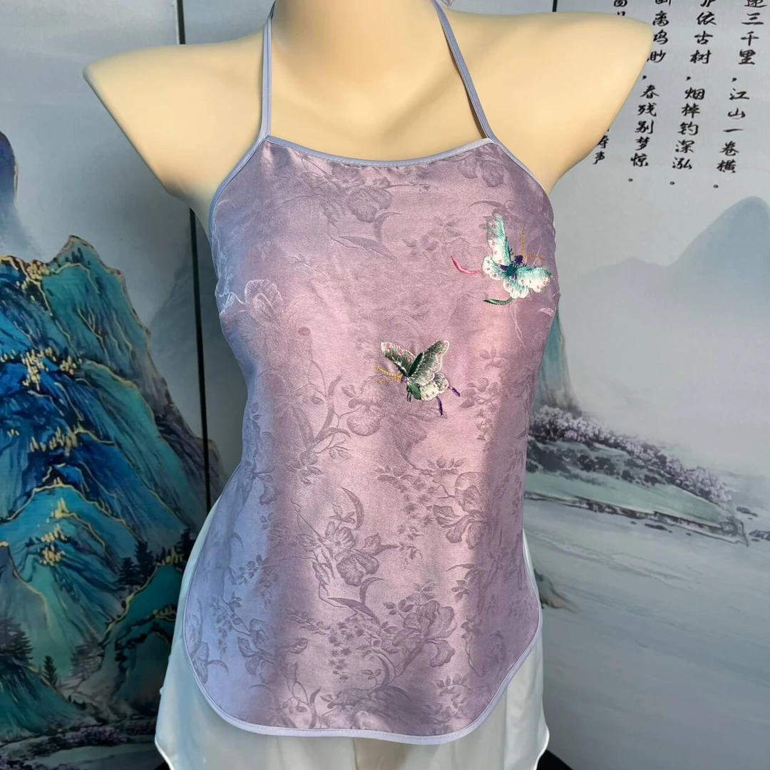 国风刺绣肚兜性感苏绣缎面提花复古吊带睡衣背心古风成人情侣套装