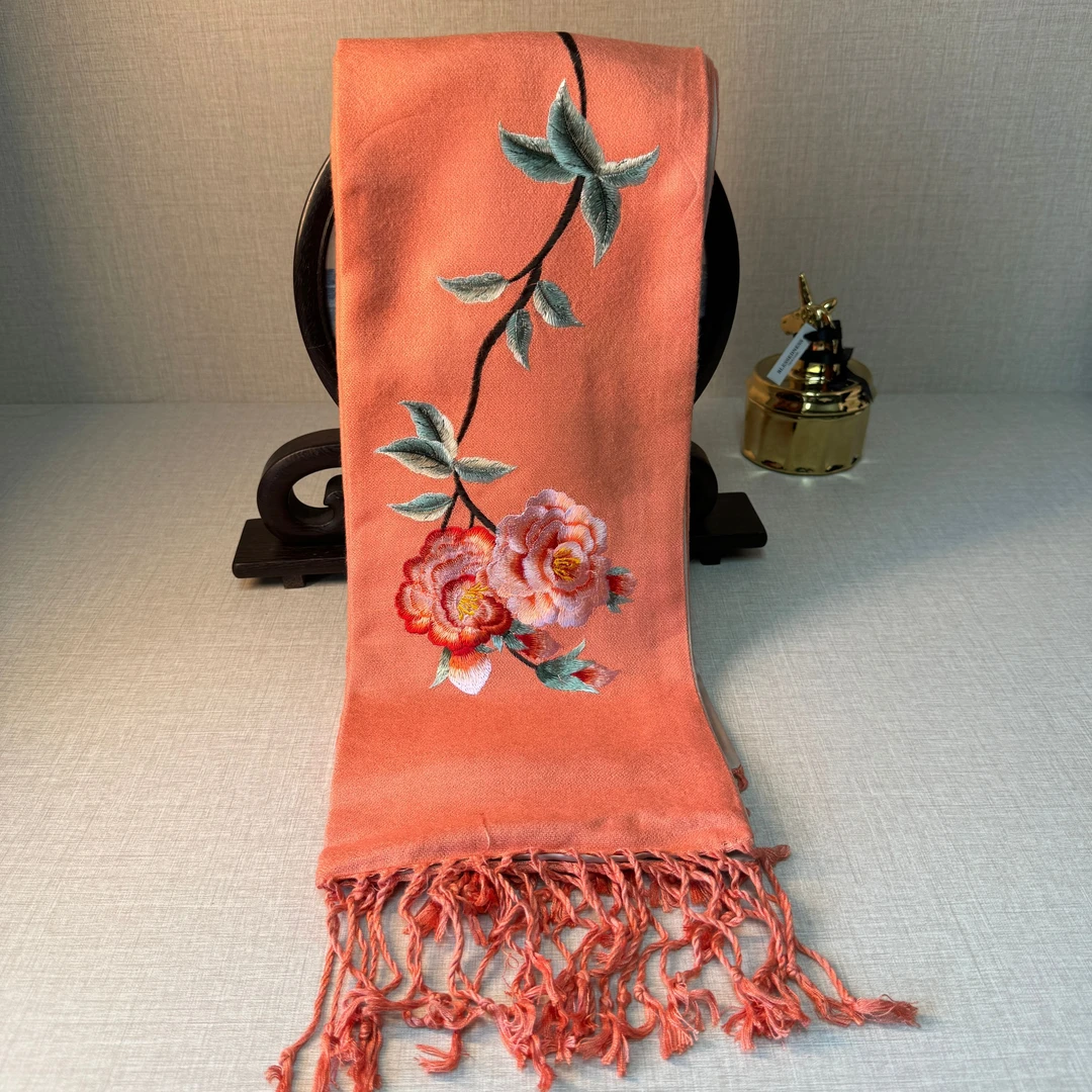 苏绣羊绒真丝围巾秋冬女保暖加厚长款双面绣百搭中国风围巾小披肩