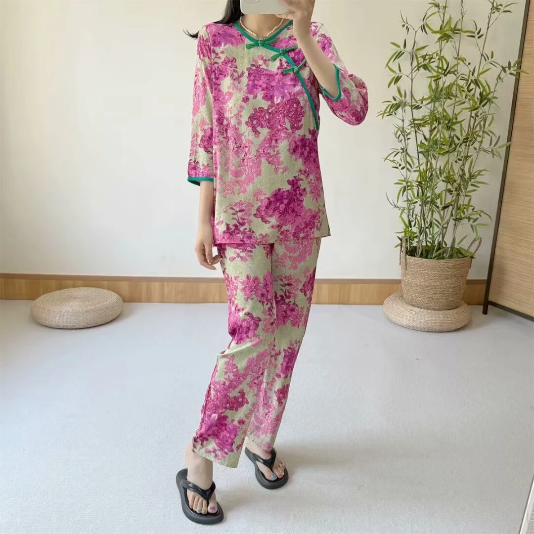 绵绸人造棉套装国风洋气夏季时尚薄款夏款女士复古大花网红花色