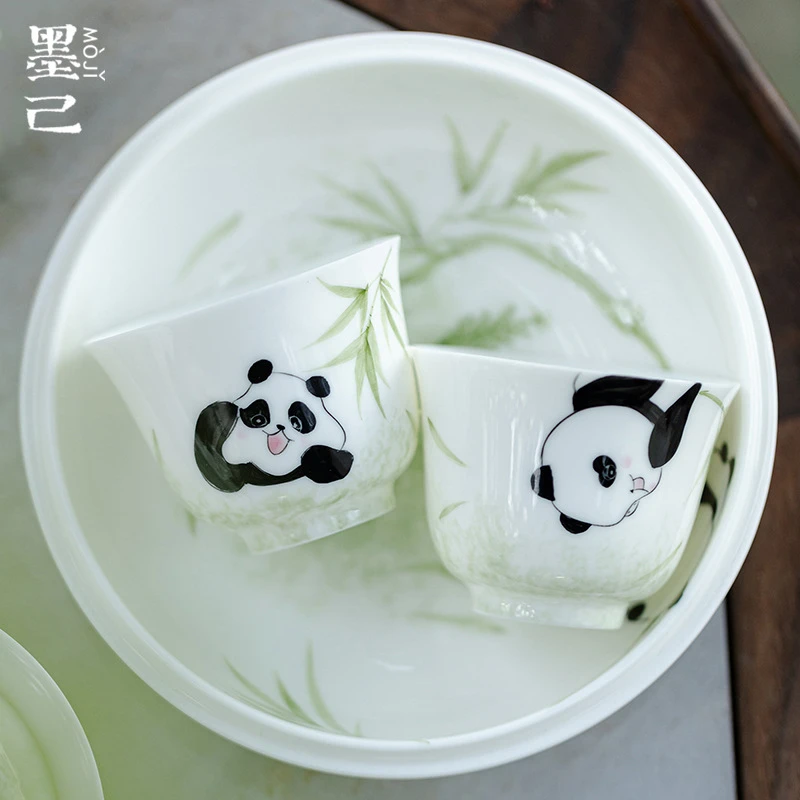 墨己手绘青竹熊猫卡通品茗杯功夫茶具家用陶瓷喝茶单杯小杯子可爱