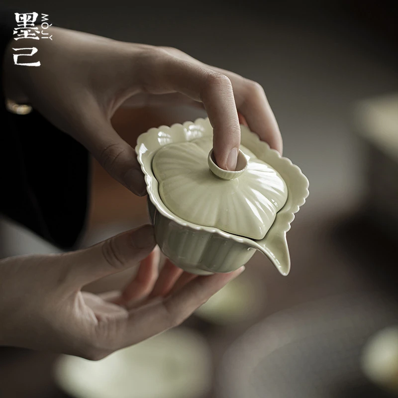 墨己仿宋绿釉小花边五瓣花手抓壶功夫茶具泡茶壶手抓碗家用宝瓶