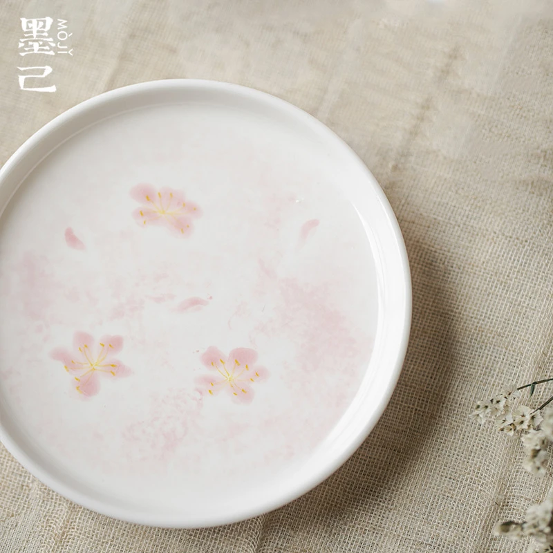 墨己手绘染粉樱花壶承功夫茶具陶瓷日式圆盘多用茶点盘陶瓷盘子