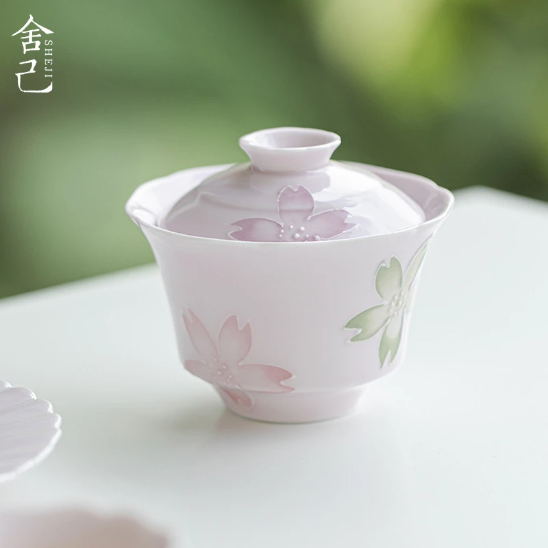 墨己有田烧浮雕手绘樱花盖碗功夫茶粉色陶瓷泡茶碗不烫手盖碗