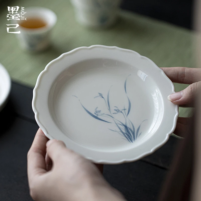 墨己幽兰花丛花口壶承功夫茶具配件多用陶瓷盘干泡盘家用茶点盘eE